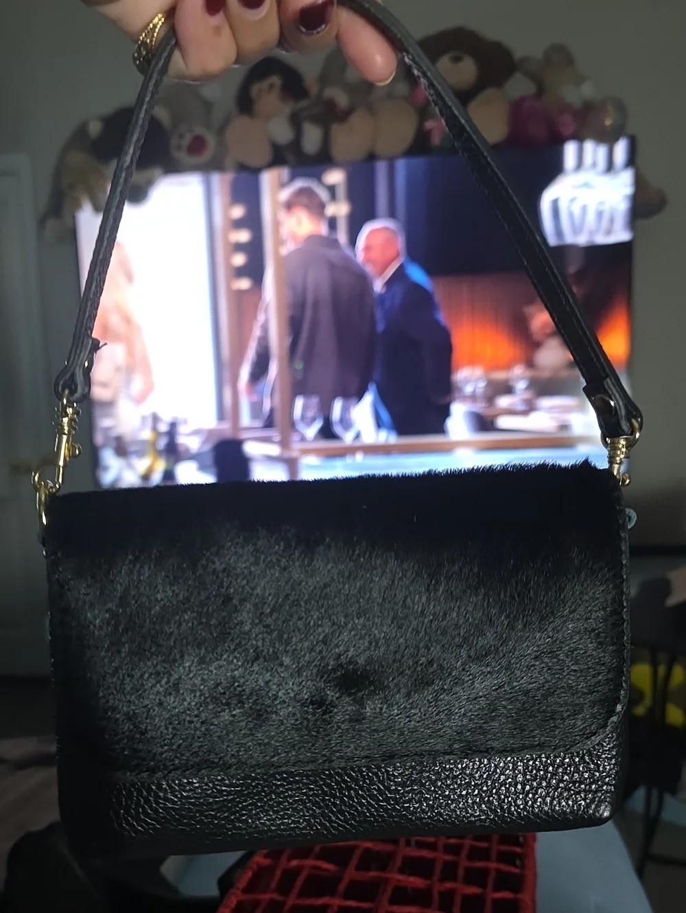 Black Faux Fur & Leather Crossbody Bag - Women's Shoulder Bag